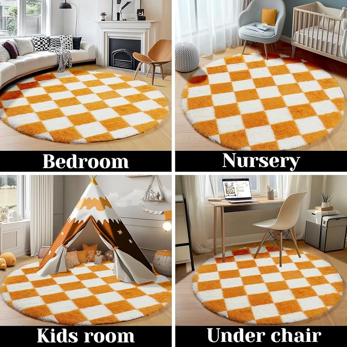 KICMOR Round Rug 4ft Orange and Cream White Circle Area Rug, Fluffy Soft Fuzzy - Image 5