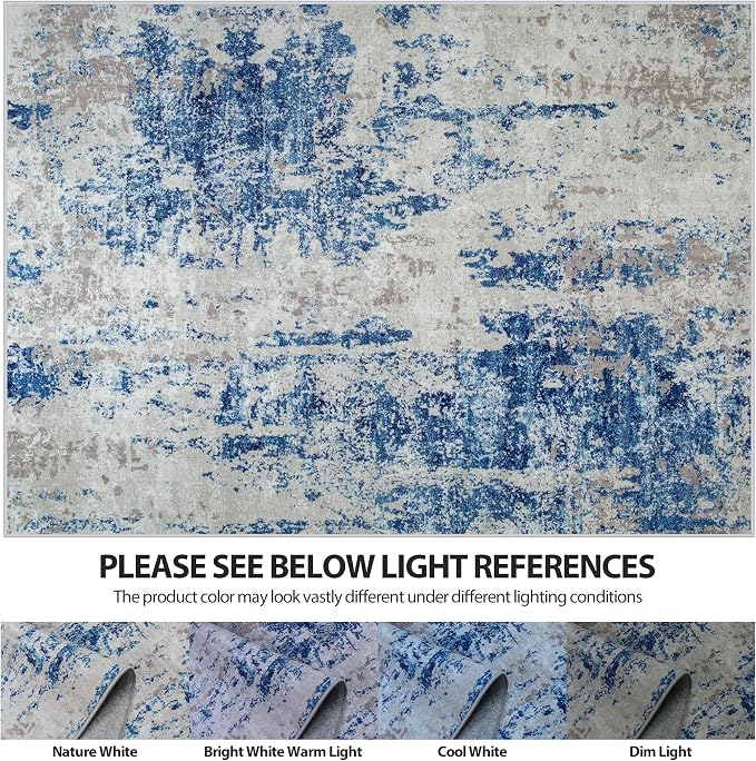 10x14 Area Rugs for Living Room Washable Dining Room Blue Grey White | Modern - Image 6