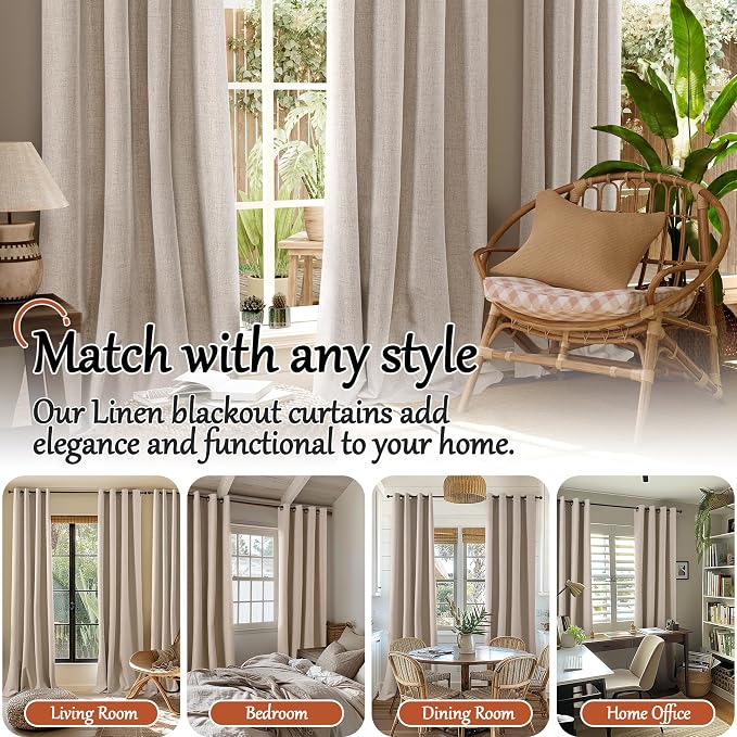 Beige Linen Blackout Curtains 63 Inch Long Each 38 Wide 2 Panels | Thermal - Image 7
