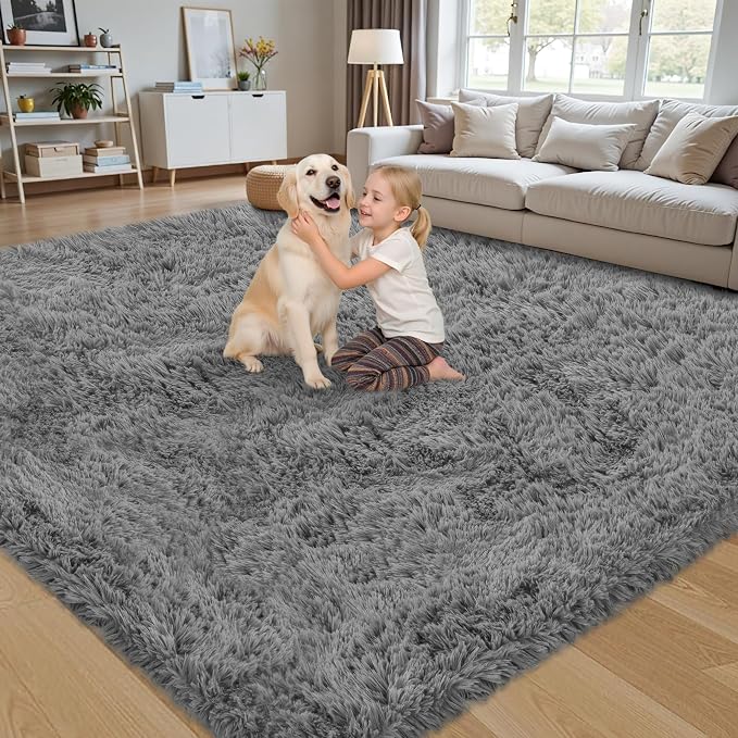 5x8 Area Rug for Living Room, Light Gray Fluffy Shag Non-Slip Bedroom Rugs | - Image 5