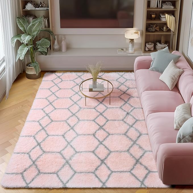5x7 Area Rugs for Living Room Bedroom, Fluffy Pink and Grey Throw Rug, by ONASAR