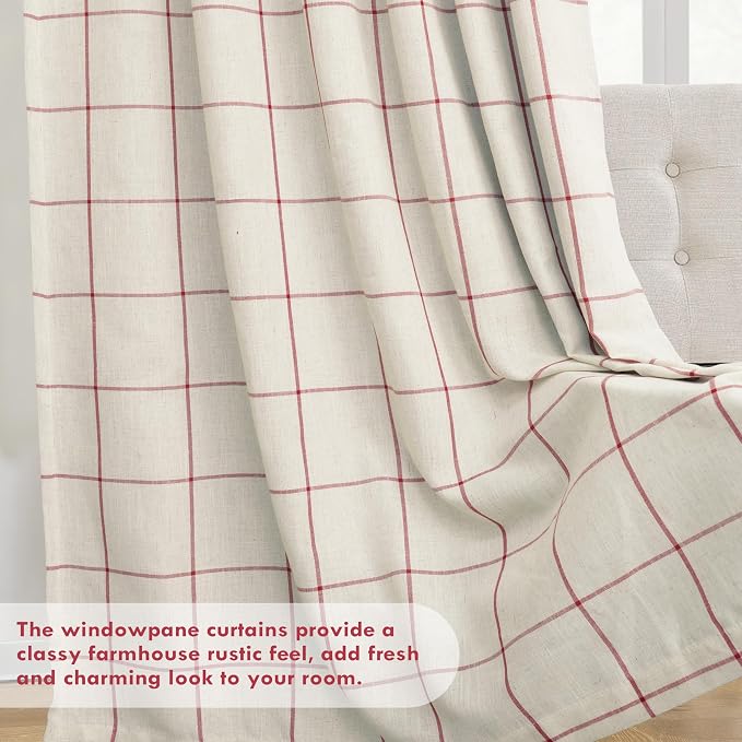 DriftAway 100% Blackout Plaid Linen Curtains 96 Inches Long 2 Panels Red | 100% - Image 8