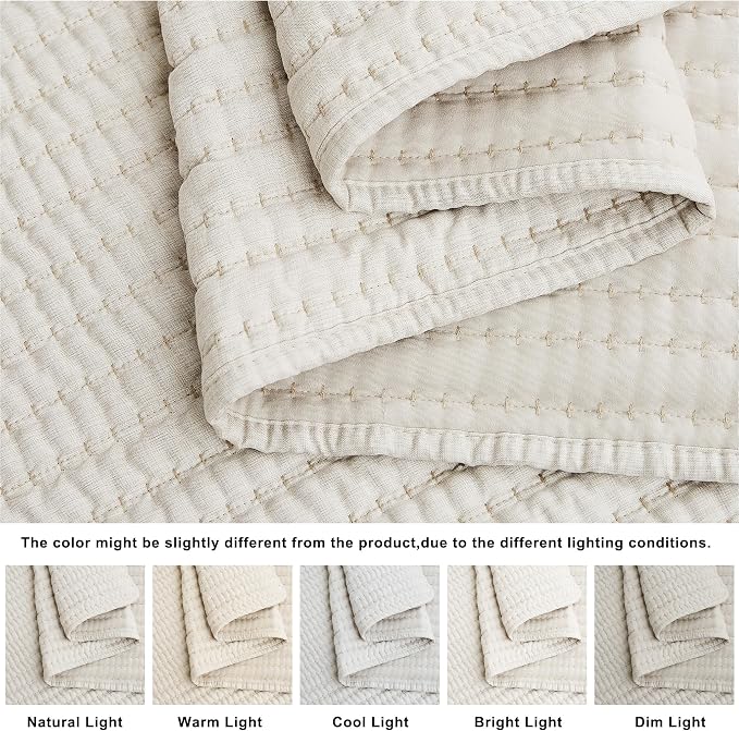 WDCOZY Beige Pick Stitch Queen Size Quilt Set, Striped Lightweight Soft Summer - Image 4