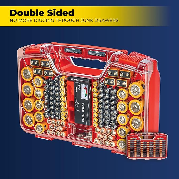Ontel Battery Daddy Storage & Organizer Case with Tester, Stores & Protects Up to 180 Batteries, Double-Sided, Durable Design with Clear Locking Lid, Secure Latches & Portable Carrying Handle - Red