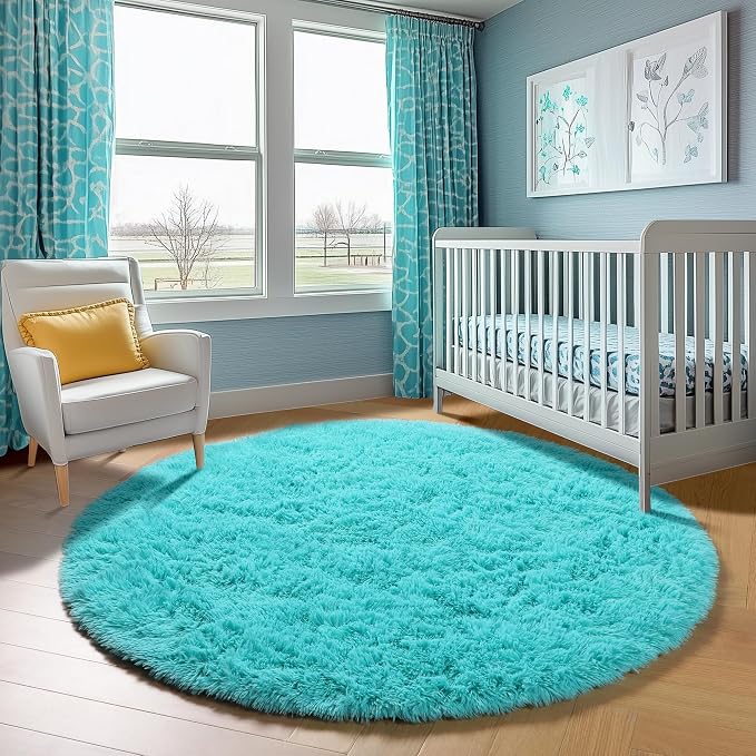 Teal Blue Round Area Rug 4ft, Soft Fluffy Bedroom Bedside Floor Circle Rugs - Image 7