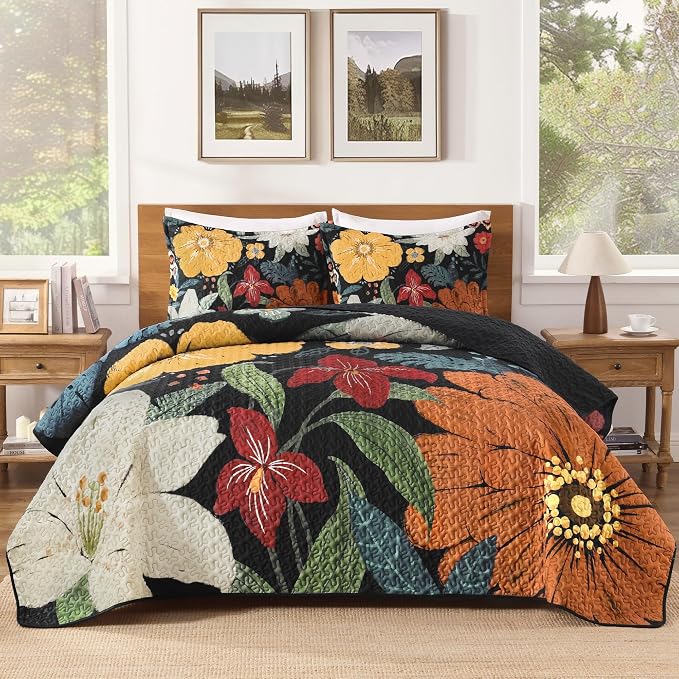 Oversized King Quilt Set Black, 128x120 Floral Super King Bedspread | 3 Pieces by Andency