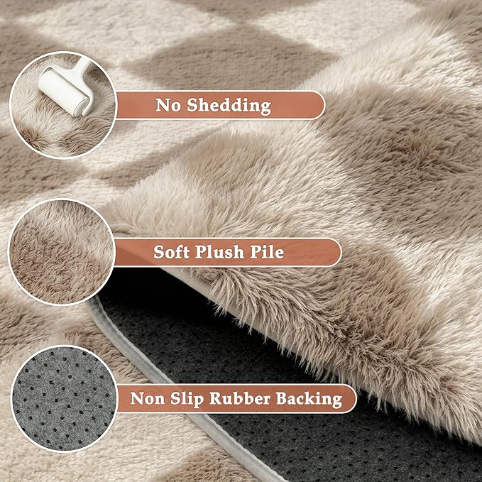 Brown 4x6 Area Rug for Kids Room Soft Fluffy Checkered Shag Carpet | Machine - Image 4