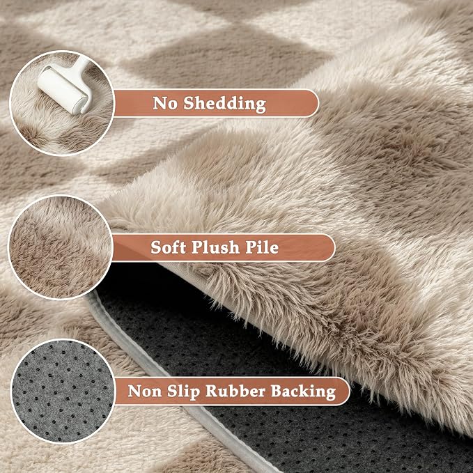 Brown 5x7 Area Rug for Living Room Soft Checkered Shag Carpet | Machine Washable - Image 5