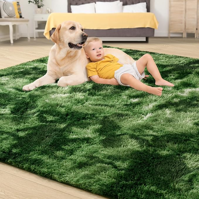 Fluffy Dark Green Rugs for Living Room Bedroom, 5x8 Soft Area Rug Tie-Dyed - Image 4