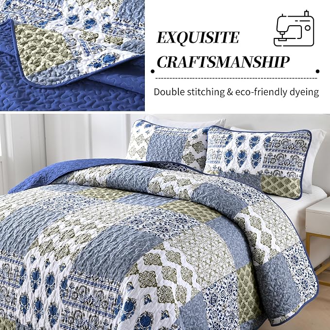 Mybedsoul Aqua Blue Quilt Set King Size, 3 Pieces Boho Plaid Bedspread Set | - Image 3