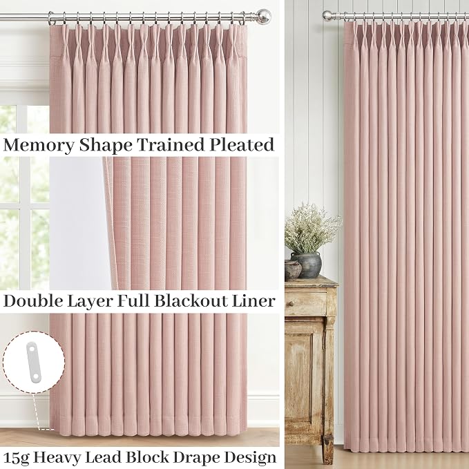 Blackout Baby Pink Memory Trained Pinch Pleated Bedroom Curtains 96 Inches Long - Image 4