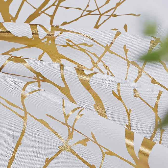 FMFUNCTEX 100% Blackout Ivory Gold Foil Tree Curtains 63 Inch Long 2 Panels | - Image 8