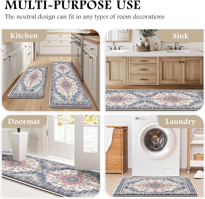 Boho Kitchen Mats for Floor 2 Piece Set Anti Fatigue Cushioned PVC Kitchen Rugs Non Slip Waterproof Farmhouse Mats 2/5 Inch Comfort Standing Mat for Sink, Laundry, 17.3"x47"+17.3"x28", Retro Blue