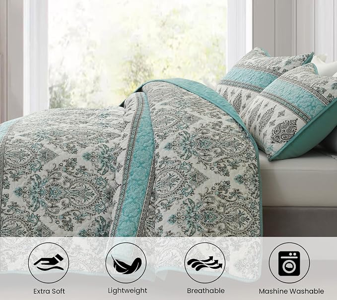 Chezmoi Collection Herald 3-Piece Printed Quilt Set, Aqua Blue Black White Boho - Image 6