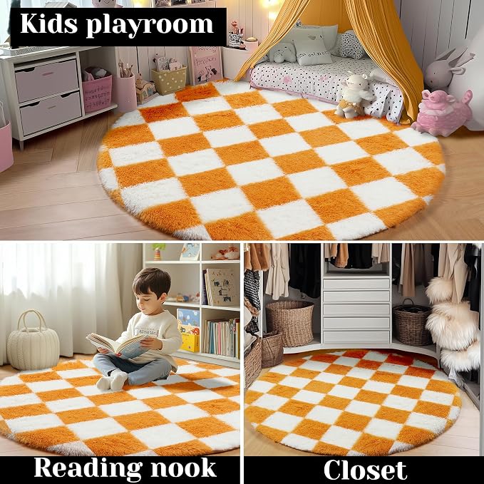 KICMOR Round Rug 4ft Orange and Cream White Circle Area Rug, Fluffy Soft Fuzzy - Image 7