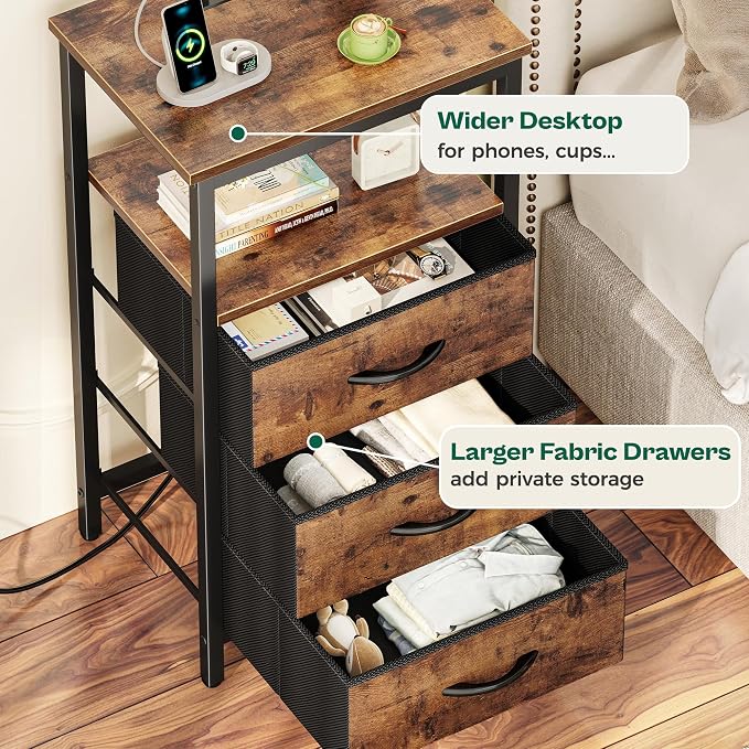 Huuger Night Stand with Charger Station and LED Lights, 3 Drawer Nightstand | - Image 7