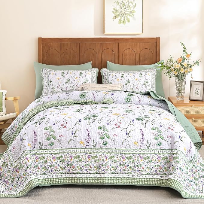 WONGS BEDDING Floral Quilt Set King, Microfiber Lightweight Farmhouse Bed Cover by WONGSBEDDING