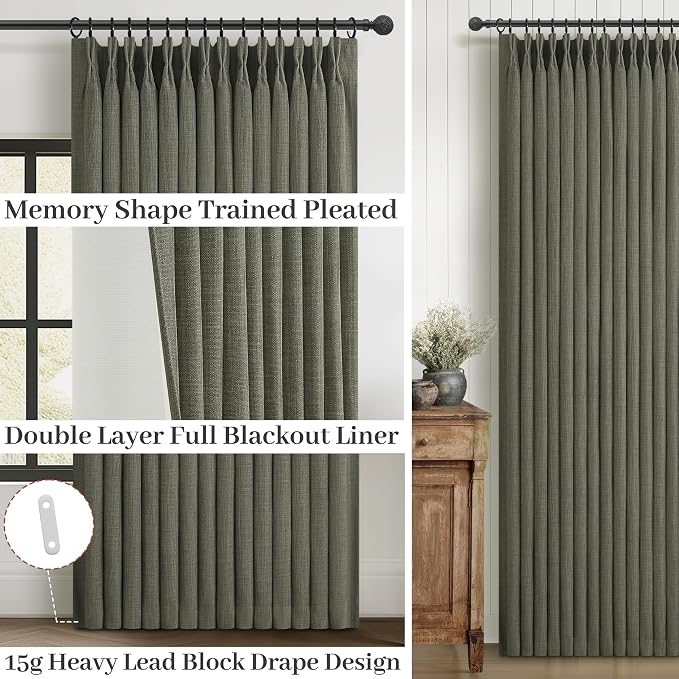 Pleated Linen Blackout Extra Wide Greenish Grey Curtains 96 Inches Long | - Image 3