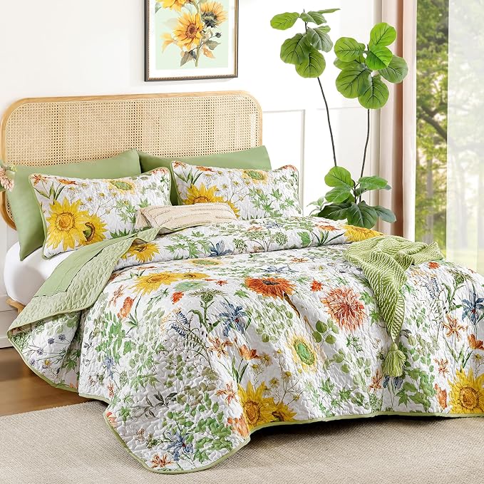 Yiran Floral Quilts Queen Size, Sunflower Botanical Bedspreads, Sage Green | - Image 2