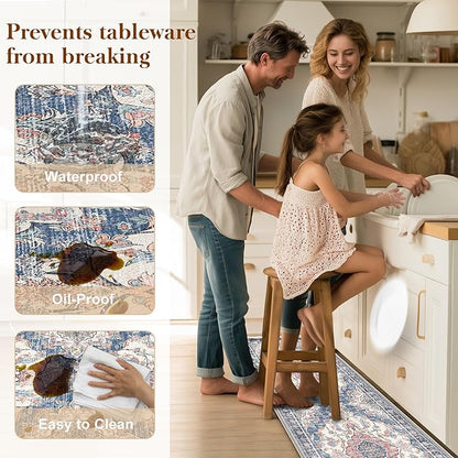 Boho Kitchen Mats for Floor 2 Piece Set Anti Fatigue Cushioned PVC Kitchen Rugs Non Slip Waterproof Farmhouse Mats 2/5 Inch Comfort Standing Mat for Sink, Laundry, 17.3"x47"+17.3"x28", Retro Blue