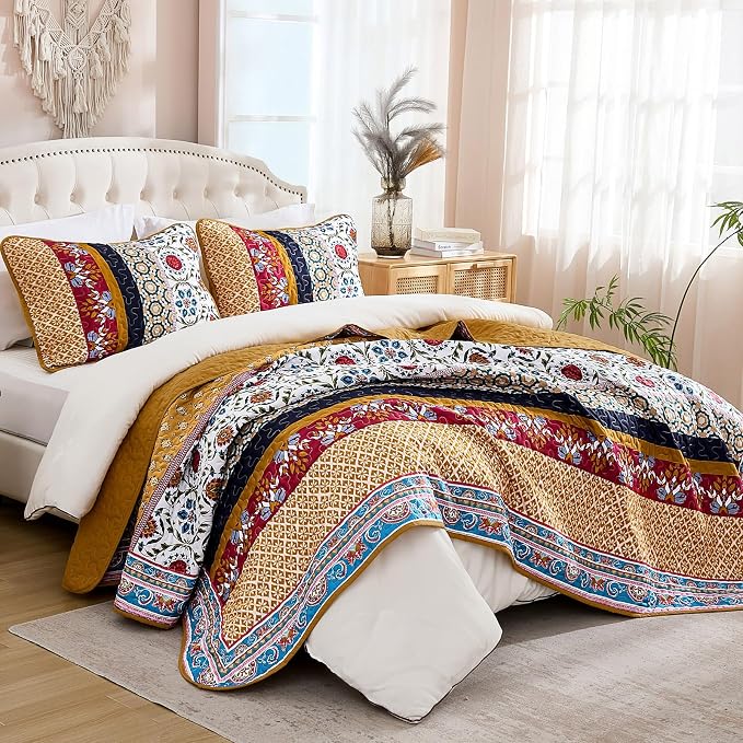 Yiran Boho Quilt Set King Size, Fall Tango Orange Patchwork Bedspreads | - Image 7