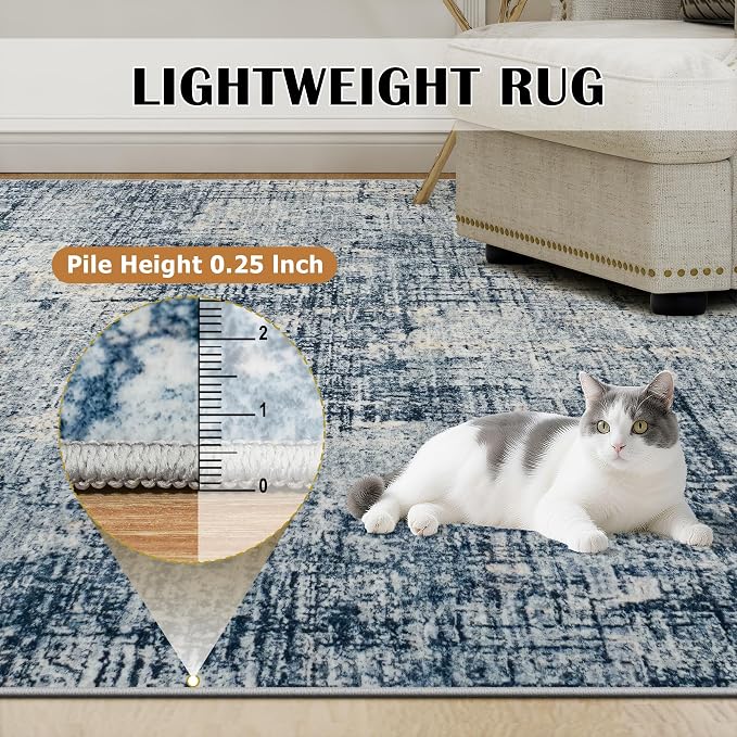 6x9 Washable Area Rug for Living Room Bedroom: Non-Slip Modern Blue Gold | - Image 7