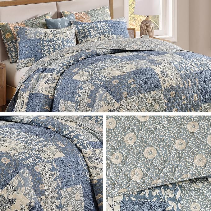 Quilts Queen Size-3 Pieces Soft Queen Bedspread Floral Patchwork Quilt | - Image 8