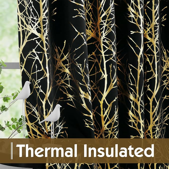 FMFUNCTEX 100% Blackout Black Gold Foil Tree Curtains 96 Inch Long 2 Panels | - Image 6