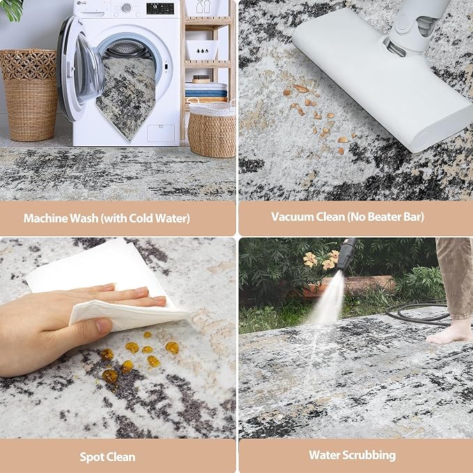 10x14 Area Rugs for Living Room Washable Dining Room Black Grey Gold | Modern - Image 4