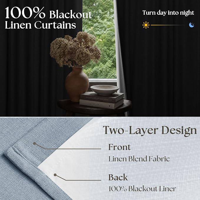 100 Inch Blackout Pinch Pleated Thick Linen Curtains 2 Panel Set | 100% Black - Image 6