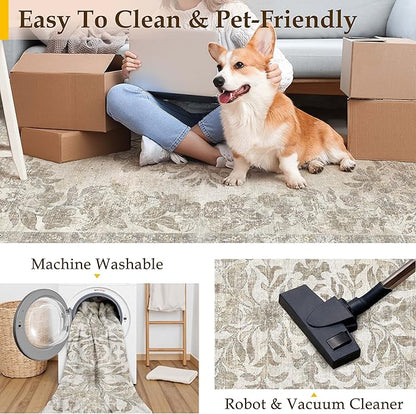 2x3 Area Rug Beige Washable Entryway Door Mat Indoor Vintage Medallion Floral Carpet Kitchen Bathroom Distressed Entrance Retro Small Non Slip Accent Throw Bedroom Office Dining Living Room