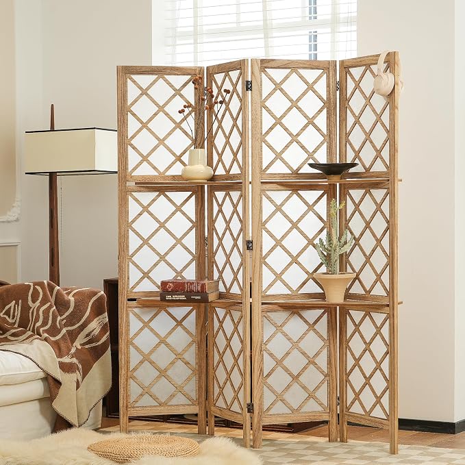 Japanese Room Divider with Shelves, Shoji Screen Diamond Lattice Design by Jostyle