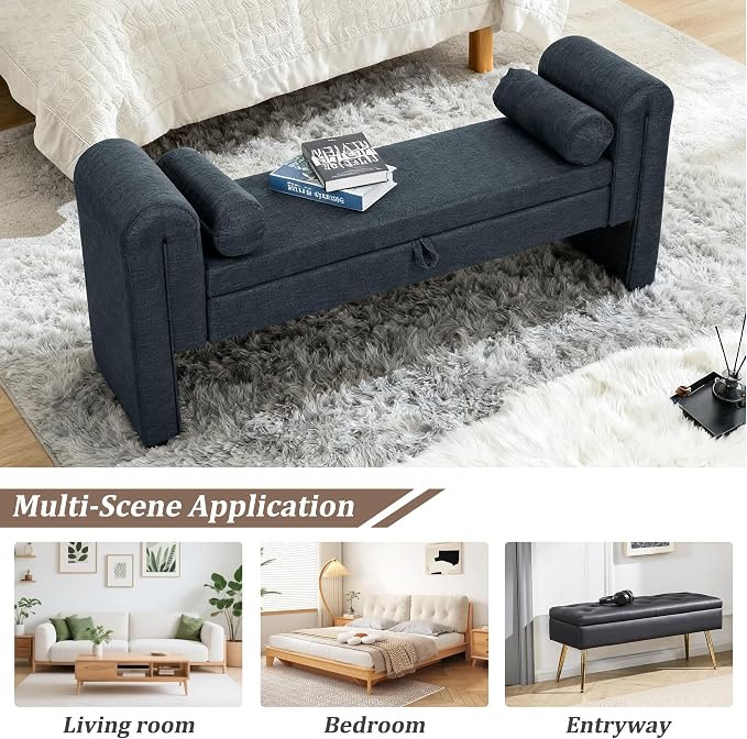 61" Velvet End of Bed Bench, Upholstered Seat - Image 4