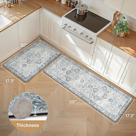 GENIMO Kitchen Mats for Floor 2PCs, Washable Anti Fatigue Mat for Cushioned, 17.3"x59"+17.3"x30", Waterproof Kitchen Rugs, Non Slip Foam Standing Mat Rug for Home, Sink, Office, Laundry, Light Blue