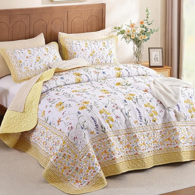 WONGS BEDDING Floral Quilts Set Queen, Microfiber Lightweight Farmhouse Bed - Image 2