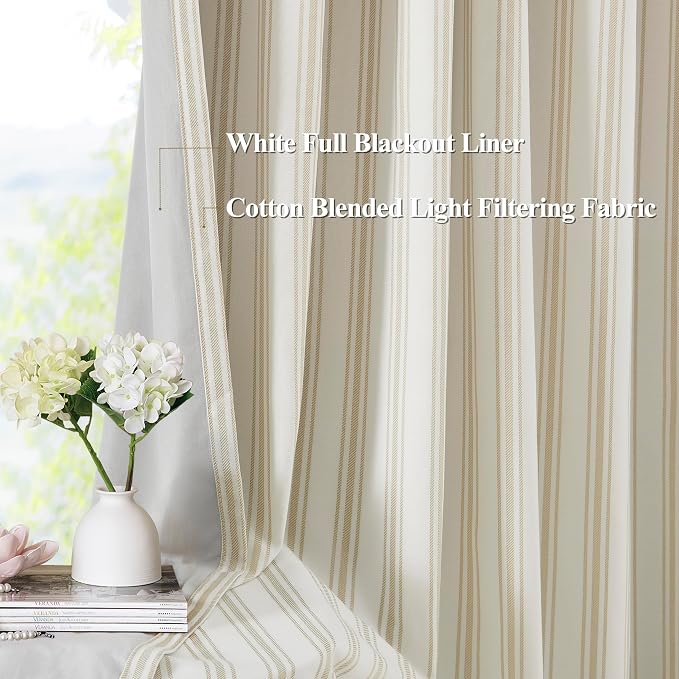 ZJDECOR Beige Stripe Full Blackout Curtains 90 Inch - Image 2