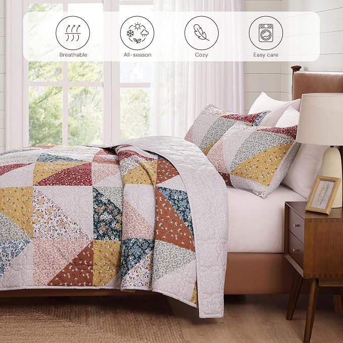 California King Quilt Set-3 Pieces Soft Bedding Floral Patchwork Coverlet | All - Image 4