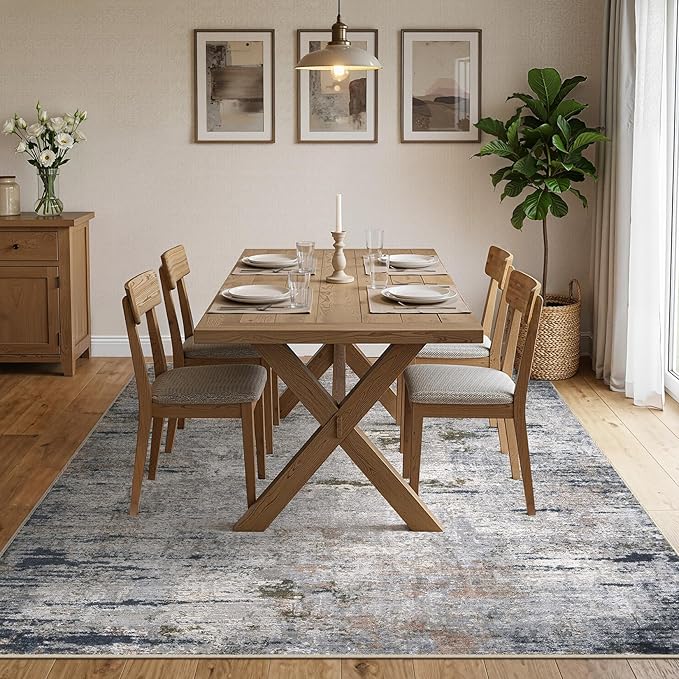 Area Rug Living Room Rugs - 10x14 Washable Large Soft Indoor Neutral Modern Abstract Low Pile Rug Carpet for Bedroom Dining Room Farmhouse Home Office - Blue/Grey/Brown