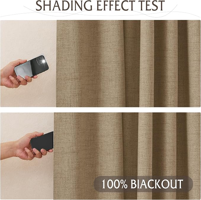RYB HOME Pinch Pleated Back Tab Curtains Linen Textured 100% Blackout Curtains - Image 6