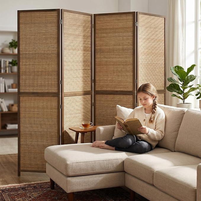 HOMCOM Room Divider, 6 FT Tall Folding Privacy Screen, 4-Panel Boho Brown | - Image 8