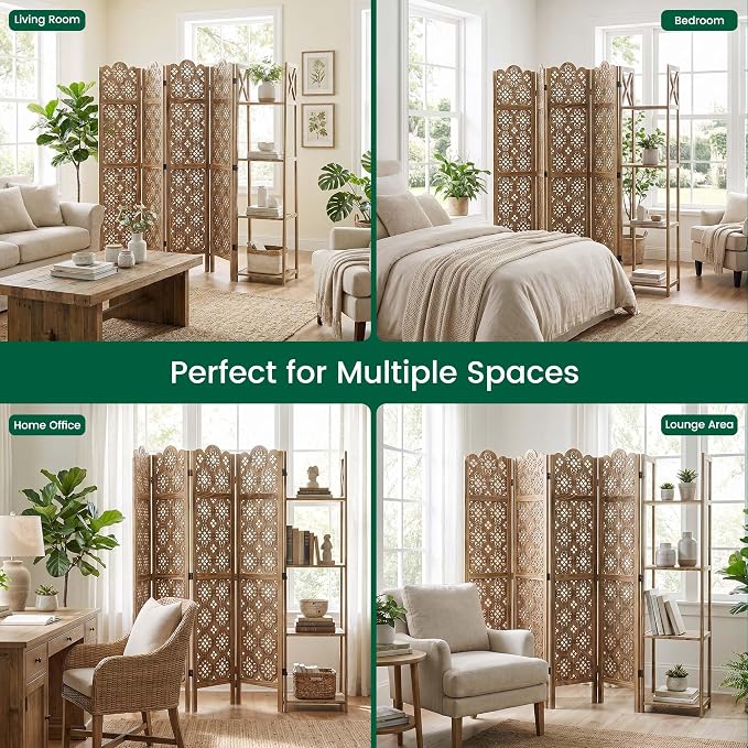 Svimi Wood Room Divider with 4-Tier Shelves, 4 Panel Privacy Screen | 4-panel - Image 7