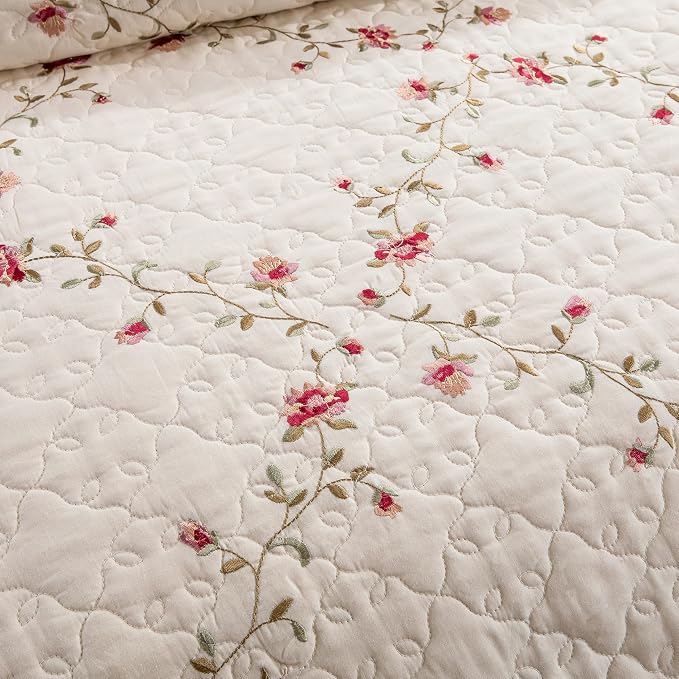 Quilt Set Classical 3D Floral Embroidery Pattern 3-Piece Cotton Reversible - Image 8