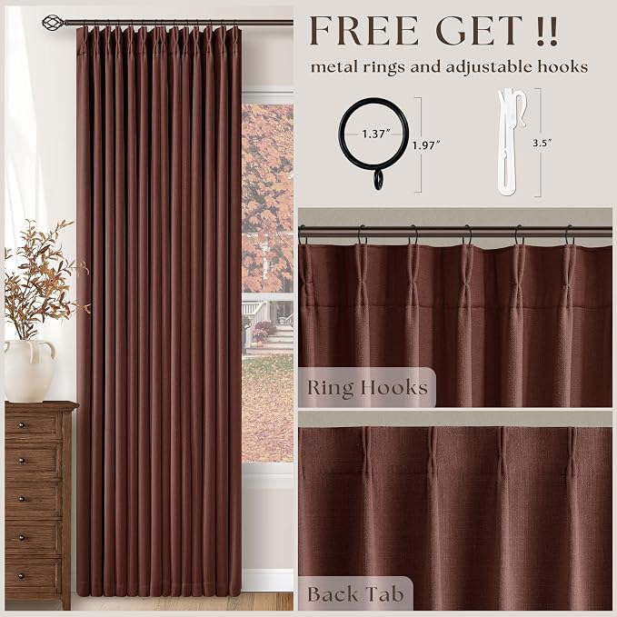 Chestnut Brown 96 Inch Blackout Pinch Pleated Curtains 2 Panels | Thick Linen - Image 5