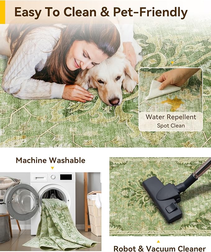 RELEANY Washable Area Rug, Water Repellent, Pet Friendly, Vintage Floral Boho - Image 6