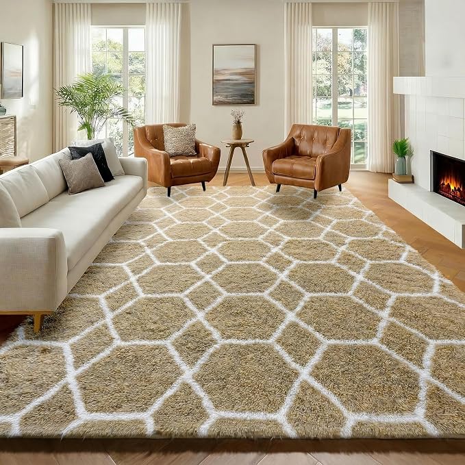 7x9 Area Rugs for Living Room Bedroom, Large Fluffy Beige and White Throw Rug by ONASAR