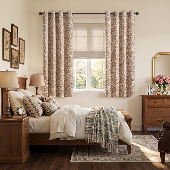 jinchan Taupe Floral Blackout Curtians 63 Inch Vintage Grommet 2 Panels | Room - Image 6