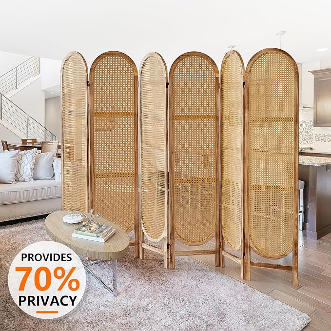 6 Panel Rattan Room Divider, Folding Room Divider Screen, Natural | Pine Frame - Image 2