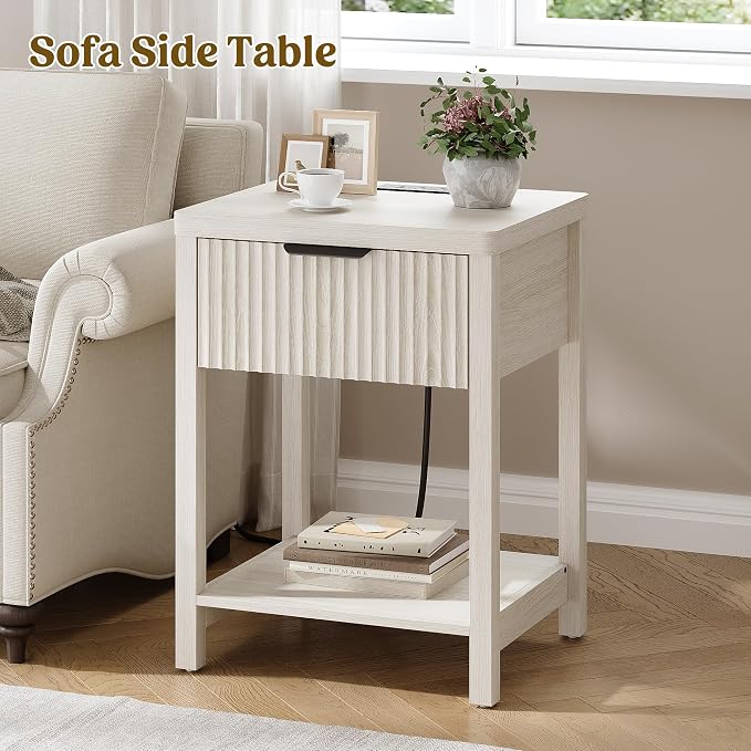 Night Stand Set 2, Fluted Wood Nightstands w/Charging Station - Image 2