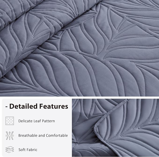 EXQ Home Quilt Set Full Queen Size Bluish Grey 3 Piece, Lightweight Soft - Image 4