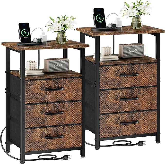 Nightstand Set of 2 with Charging Station, Bedside Table with USB Ports & Outlet by Vagusicc